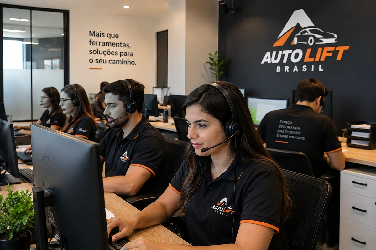 Equipe de atendimento da AutoLift Brasil com headsets em frente aos computadores