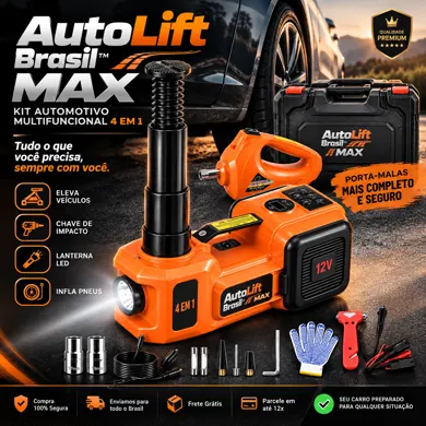 Arte do kit AutoLift Brasil Max: macaco elétrico 4 em 1 com chave de impacto, inflador de pneus, lanterna LED, maleta rígida e acessórios
