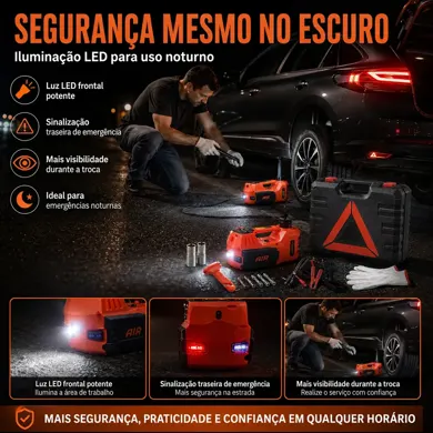 Iluminação LED do kit em uso durante a troca de pneu à noite