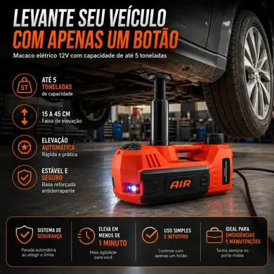 Macaco elétrico 12V levantando o veículo, com capacidade de até 5 toneladas