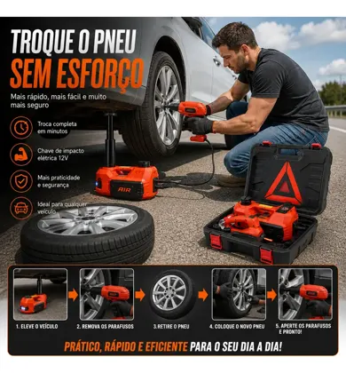 Passo a passo da troca de pneu usando o macaco elétrico e a chave de impacto
